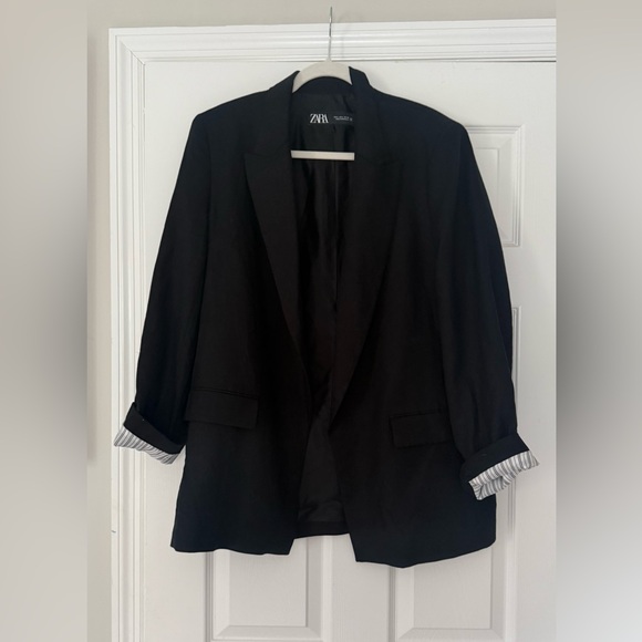 ZARA LINEN BLEND ROLL UP SLEEVE OPEN FRONT BLAZER BLACK SIZE L - Picture 4 of 8